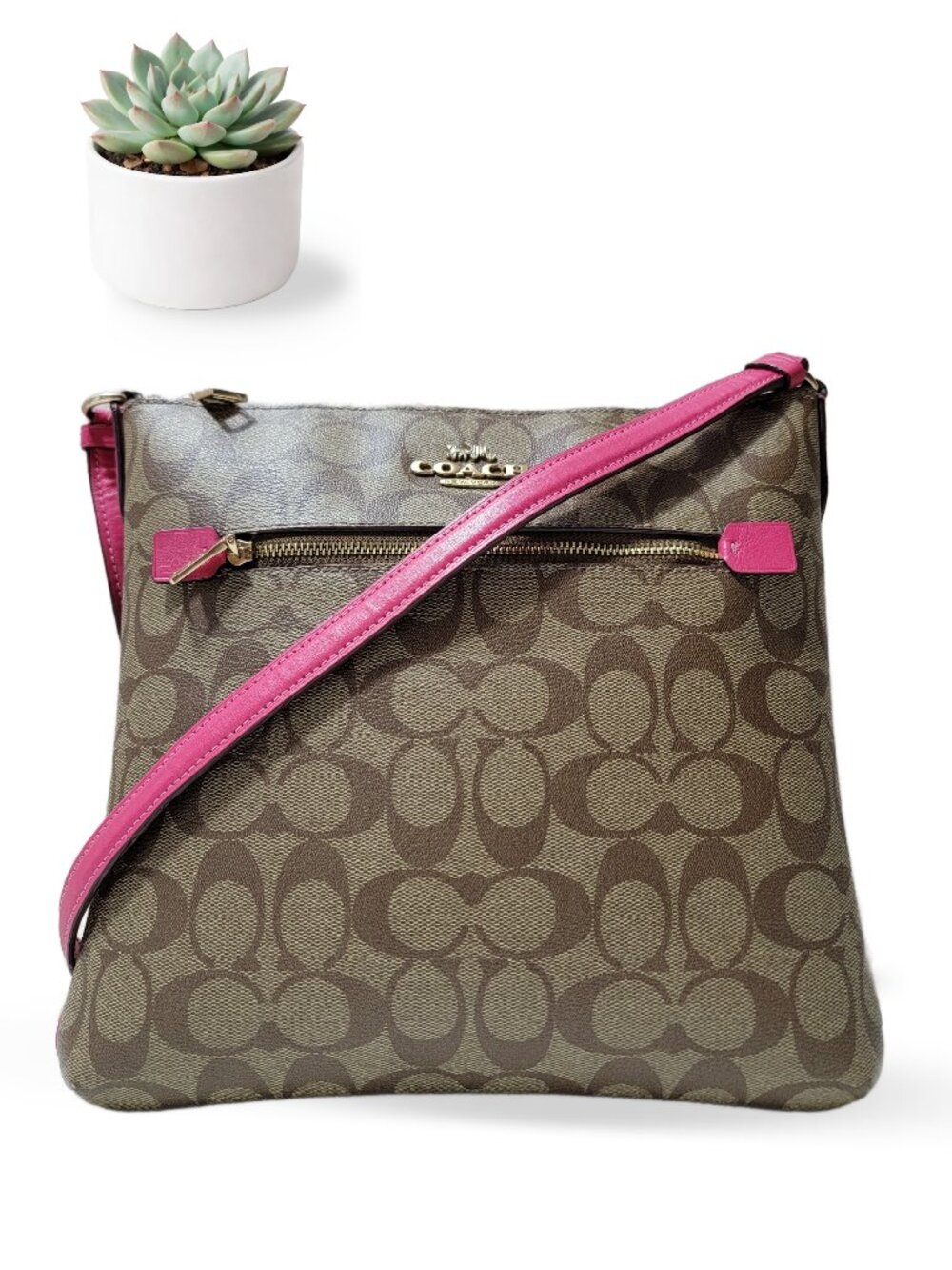 Coach Rowan File Bag Khaki Signature Canvas  Pink Leather Crossbody Messenger